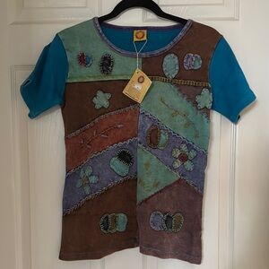 Karma Circle Colorful Patchwork Short Sleeve Top Sz S